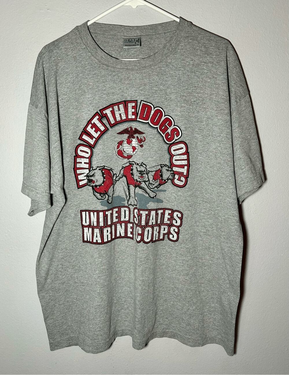 Vintage USMC US Marine Corps Who Let The Dogs Out Gray Short Sleeve T-shirt XL